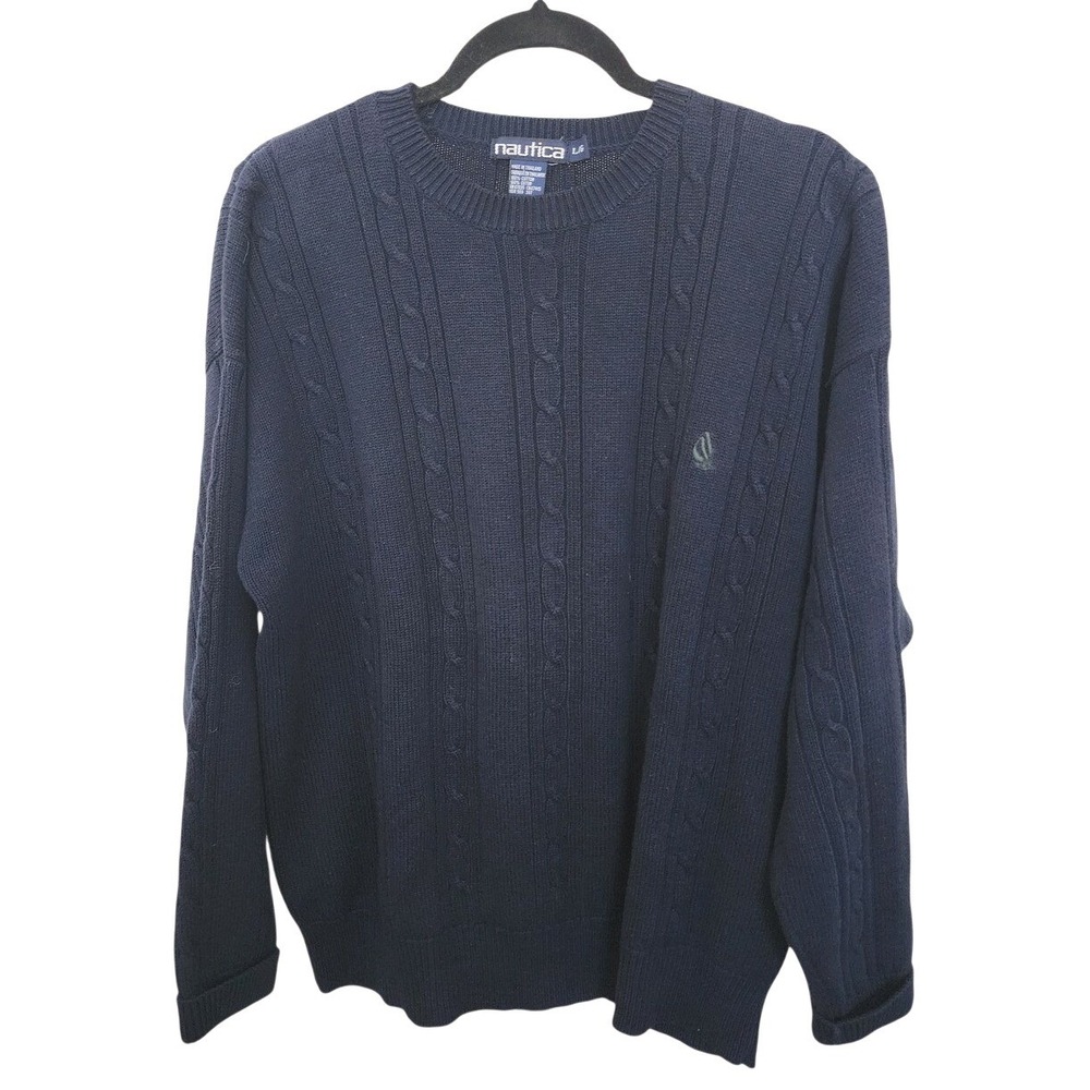 Vintage Nautica Mens Navy Blue Cable Knit 100% Cotton Crewneck Sweater Dad-core‎